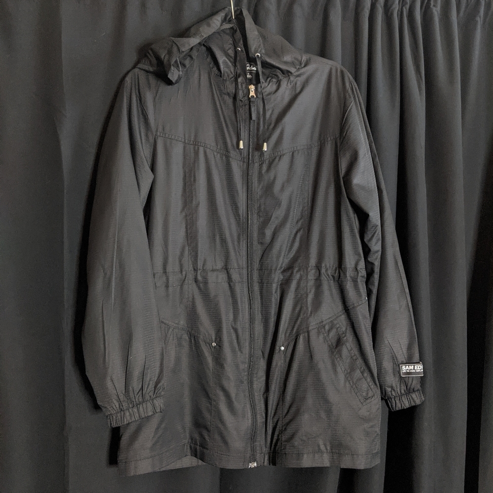 Sam Edelman black zip-up hooded windbreaker jacket